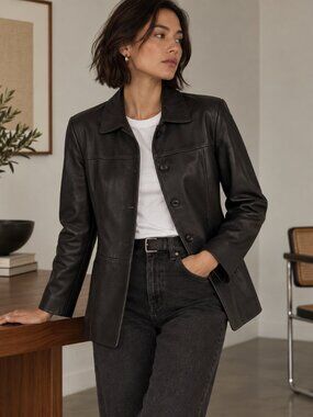 Vintage Black Genuine‎ Leather Blazer Jacket Minimalist 90s Size 10 ✨
